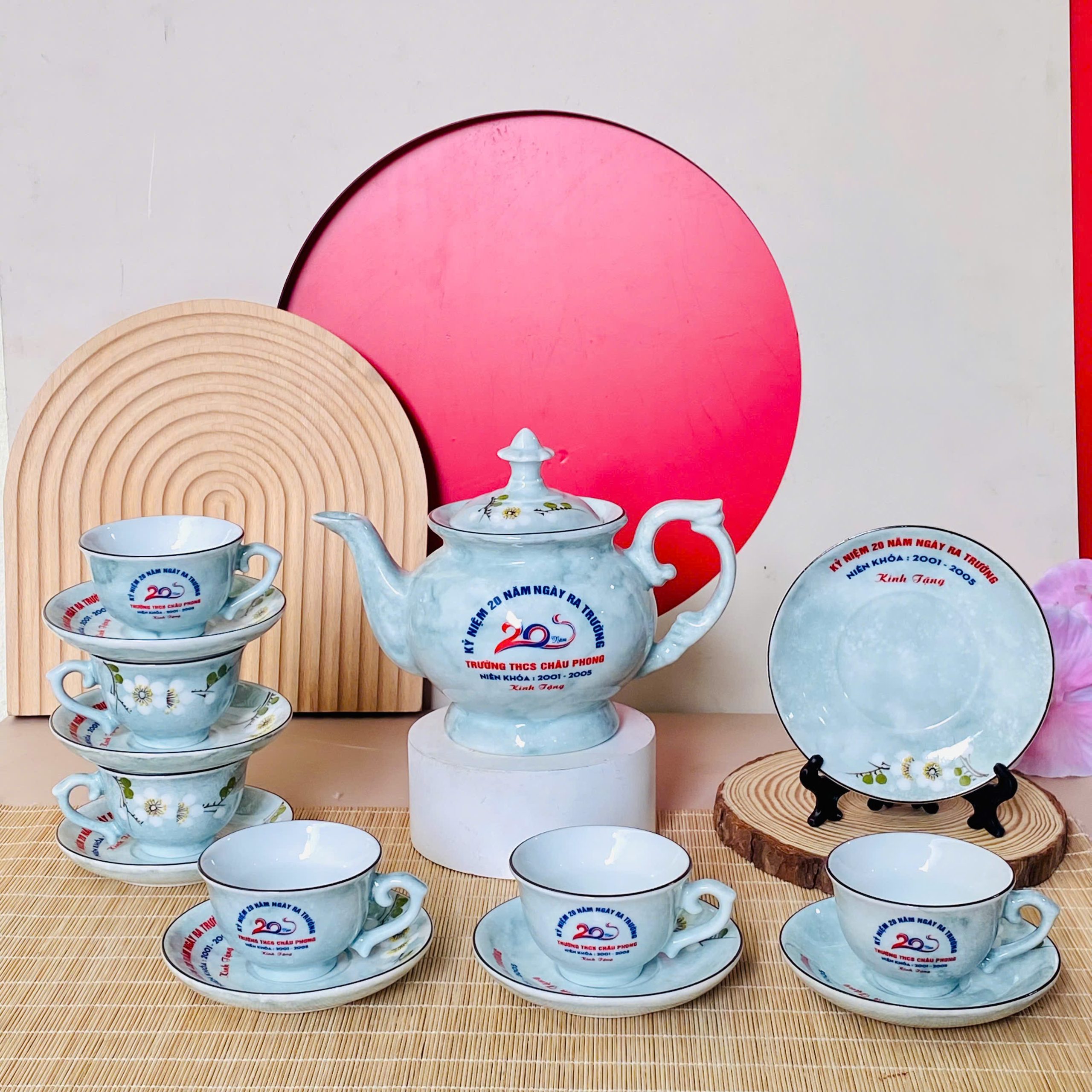 Bộ ấm trà in logo xanh ngọc quà tặng đại hội, hội nghị- Gốm Sứ Fulo