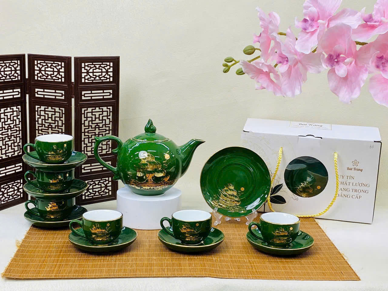 Bộ ấm trà men xanh in logo quà tặng đại hội, hội nghị- Gốm Sứ Fulo